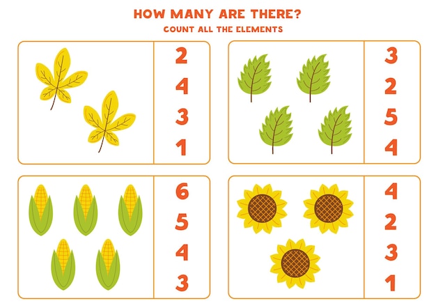 Juego de contar con lindos elementos de otoño Hoja de trabajo educativa