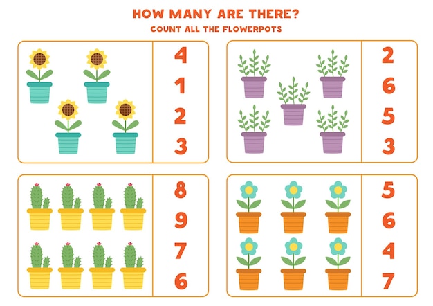 Juego de contar con macetas de dibujos animados hoja de trabajo educativa