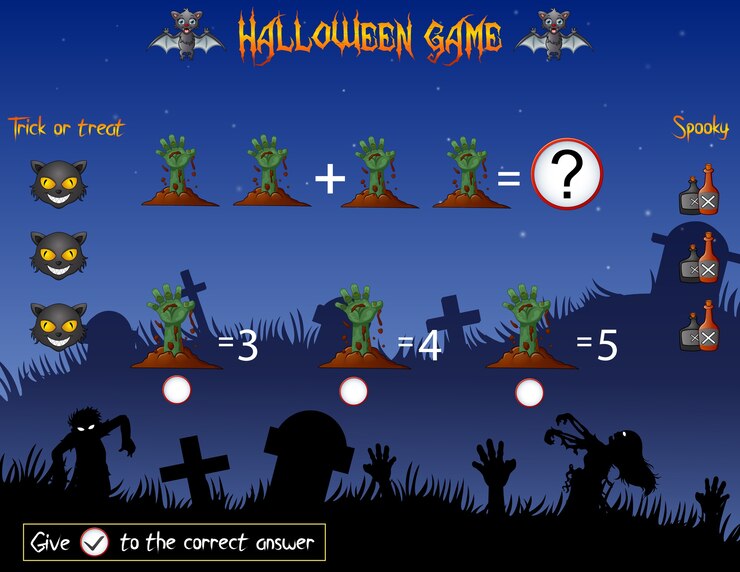 Vector juego de contar las manos zombie en el tema de halloween.