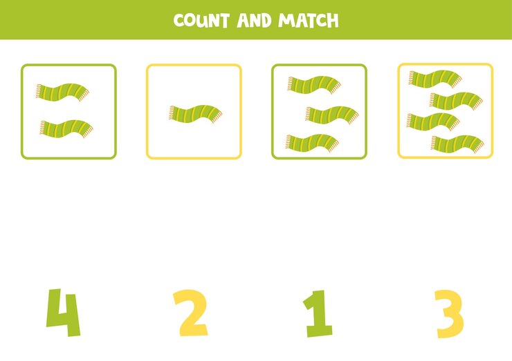 Vector juego de contar para niños cuenta todas las bufandas y combina con números hoja de trabajo para niños