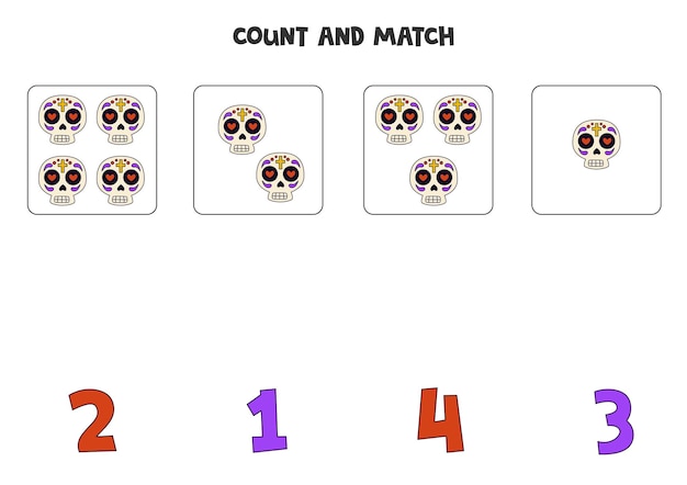Juego de contar para niños Cuenta todas las calaveras mexicanas y combina con números Hoja de trabajo para niños