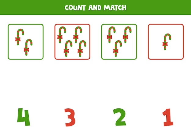 Juego de contar para niños Cuenta todos los bastones de caramelo de Navidad y combina con números Hoja de trabajo para niños