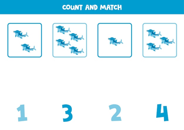 Juego de contar para niños cuenta todos los tiburones martillo y combina con números hoja de trabajo para niños