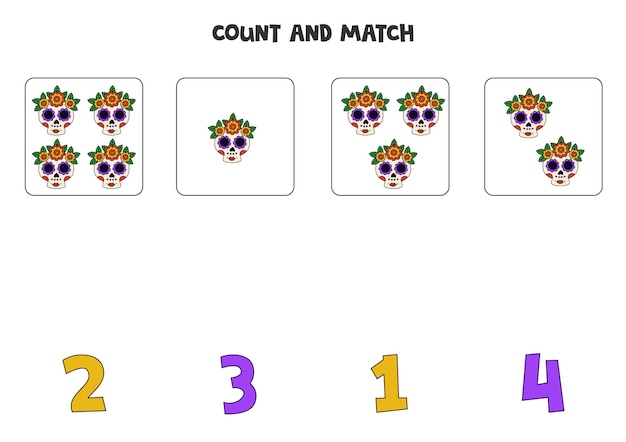Juego de contar para niños Cuente todos los cráneos y haga coincidir los números Hoja de trabajo para niños