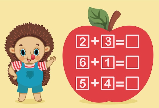 Vector juego de contar para niños en edad preescolar con símbolos matemáticos de carácter erizo e ilustración de números