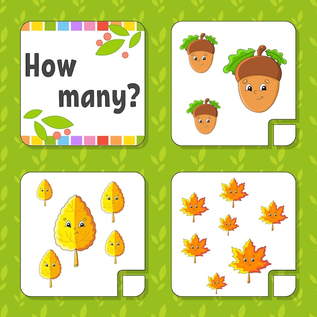 Juego de contar para niños Personajes felices Aprendiendo matemáticas ¿Cuántos objetos en la imagen?