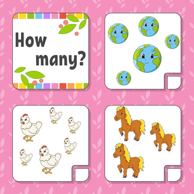 Juego de contar para niños Personajes felices Aprendiendo matemáticas ¿Cuántos objetos en la imagen?