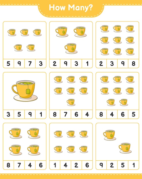 Juego de conteo, cuántas tazas de té. juego educativo para niños, hoja de trabajo imprimible, ilustración vectorial