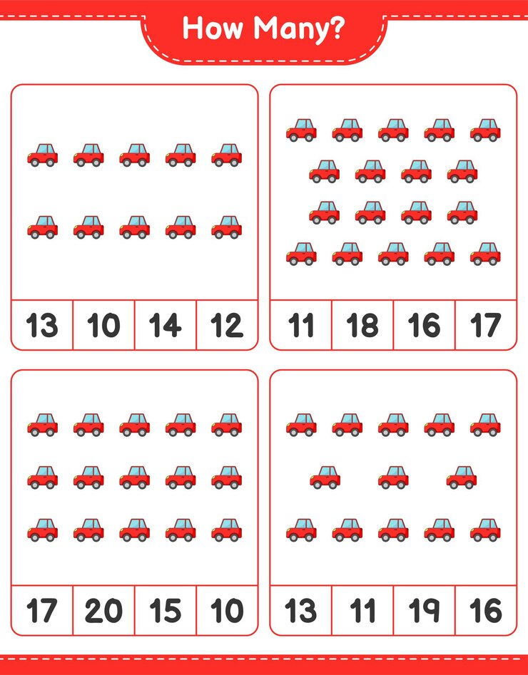 Vector juego de conteo cuántos coches juego educativo para niños hoja de cálculo imprimible ilustración vectorial