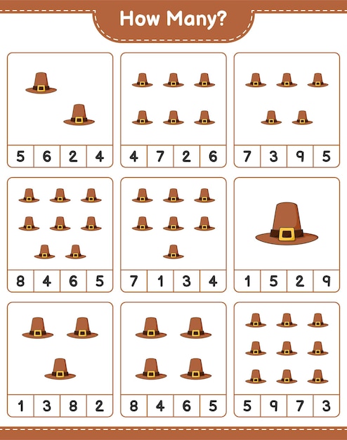 Juego de conteo, cuántos hat. juego educativo para niños, hoja de trabajo imprimible, ilustración vectorial