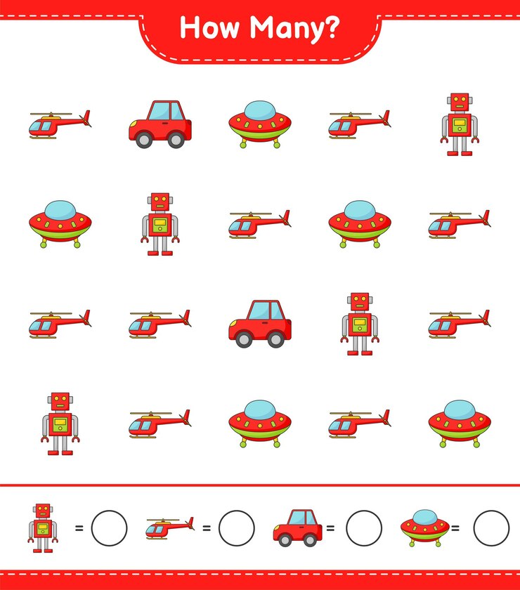 Vector juego de conteo cuántos helicóptero ufo robot y coche juego educativo para niños hoja de cálculo imprimible ilustración vectorial