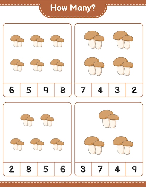 Juego de conteo, cuántos hongos boletus. Juego educativo para niños, hoja de trabajo imprimible, ilustración vectorial