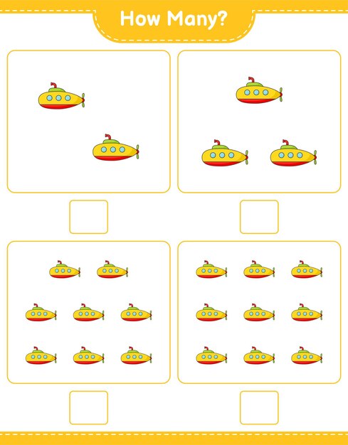 Juego de conteo cuántos niños educativos submarinos juego hoja de cálculo imprimible ilustración vectorial
