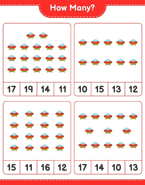 Juego de conteo cuántos ovni juego educativo para niños hoja de cálculo imprimible ilustración vectorial