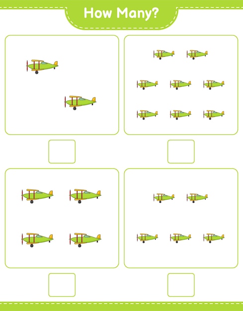 Juego de conteo cuántos Plane Juego educativo para niños hoja de cálculo imprimible ilustración vectorial