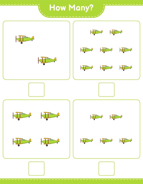 Juego de conteo cuántos plane juego educativo para niños hoja de cálculo imprimible ilustración vectorial