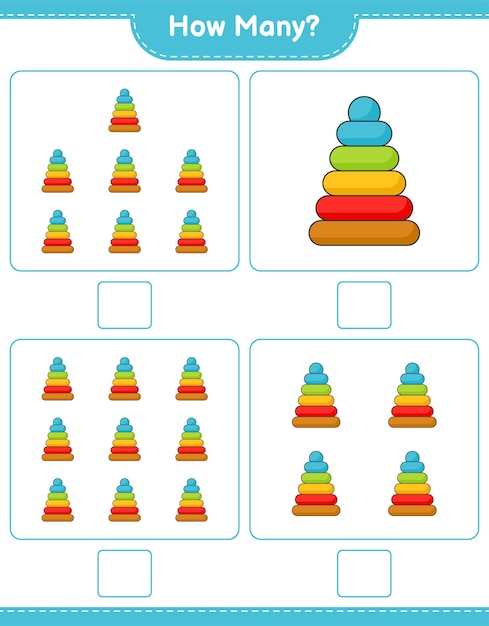 Juego de conteo cuántos Pyramid Toy Educational niños juego hoja de cálculo imprimible ilustración vectorial