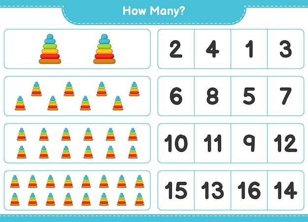 Juego de conteo cuántos Pyramid Toy Educational niños juego hoja de cálculo imprimible ilustración vectorial