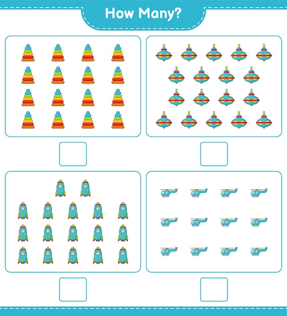 Juego de conteo cuántos Pyramid Toy Whirligig Toy Rocket and Helicopter Juego educativo para niños hoja de cálculo imprimible ilustración vectorial