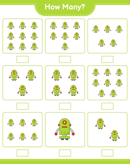 Juego de conteo cuántos Robot Character Juego educativo para niños hoja de cálculo imprimible ilustración vectorial