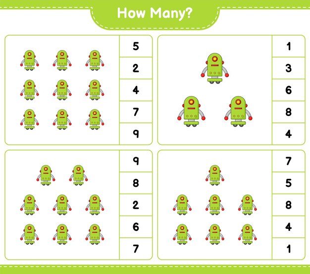 Juego de conteo cuántos Robot Character Juego educativo para niños hoja de cálculo imprimible ilustración vectorial