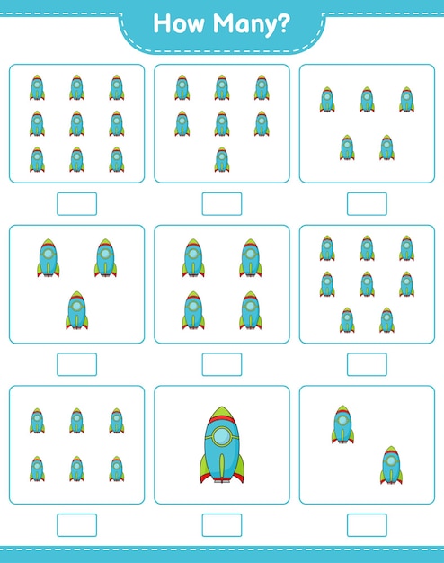 Juego de conteo cuántos Rocket Juego educativo para niños hoja de cálculo imprimible ilustración vectorial