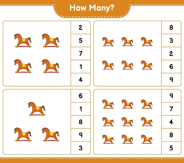 Juego de conteo cuántos Rocking Horse Juego educativo para niños hoja de cálculo imprimible ilustración vectorial