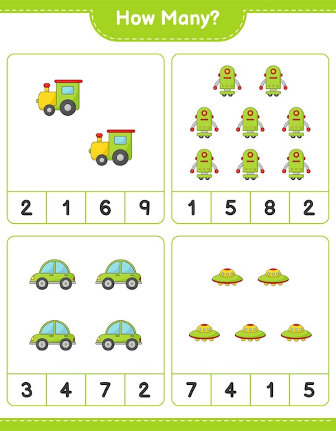 Juego de conteo cuántos train robot character car y ufo juego educativo para niños hoja de cálculo imprimible ilustración vectorial