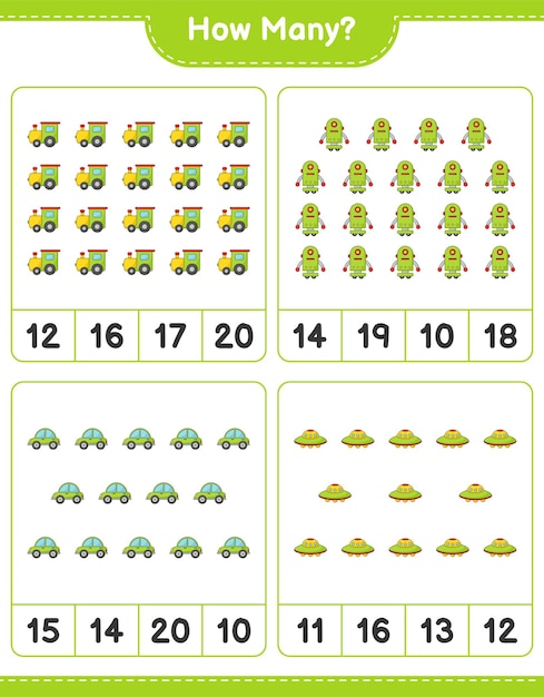 Juego de conteo cuántos Train Robot Character Car y Ufo Juego educativo para niños hoja de cálculo imprimible ilustración vectorial