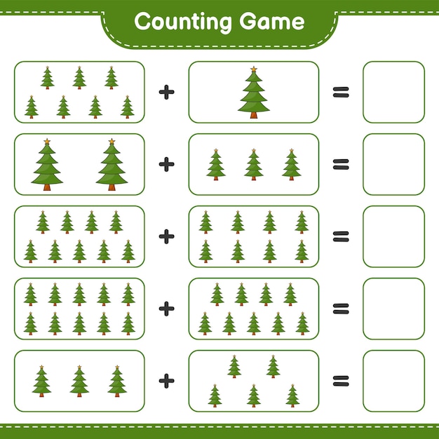 Juego de conteo cuenta el número de árboles de Navidad y escribe el resultado Juego educativo para niños