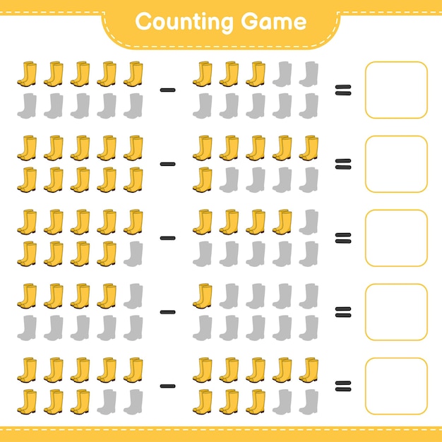 Juego de conteo, cuenta el número de botas de goma y escribe el resultado. Juego educativo para niños, hoja de trabajo imprimible