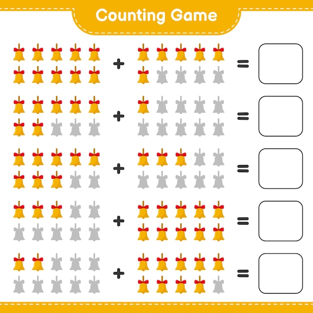 Juego de conteo, cuenta el número de campanas de Navidad doradas y escribe el resultado. Juego educativo para niños, hoja de trabajo imprimible