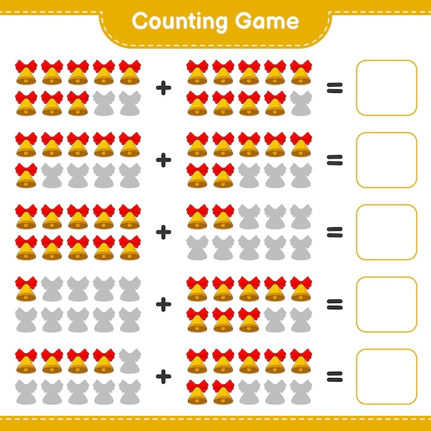 Juego de conteo, cuenta el número de Christmas Bell y escribe el resultado. Juego educativo para niños, hoja de trabajo imprimible, ilustración vectorial
