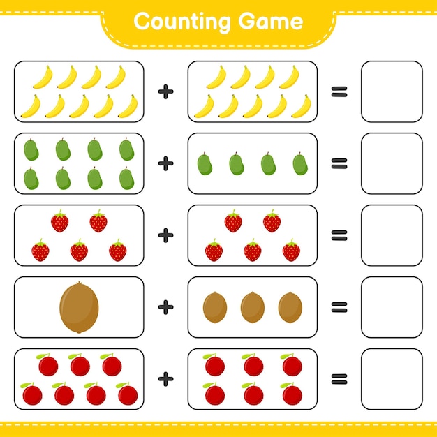 Juego de conteo, cuenta el número de frutas y escribe el resultado. Juego educativo para niños, hoja de trabajo imprimible, ilustración