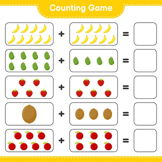 Juego de conteo, cuenta el número de frutas y escribe el resultado. juego educativo para niños, hoja de trabajo imprimible, ilustración