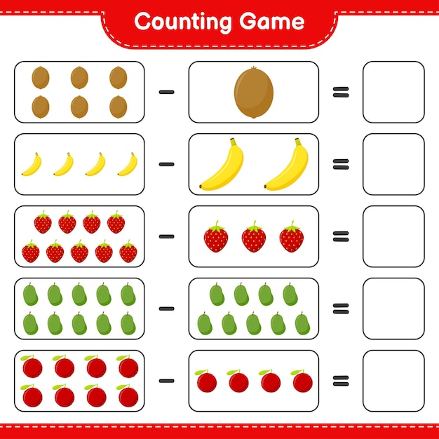 Juego de conteo, cuenta el número de frutas y escribe el resultado. Juego educativo para niños, hoja de trabajo imprimible, ilustración