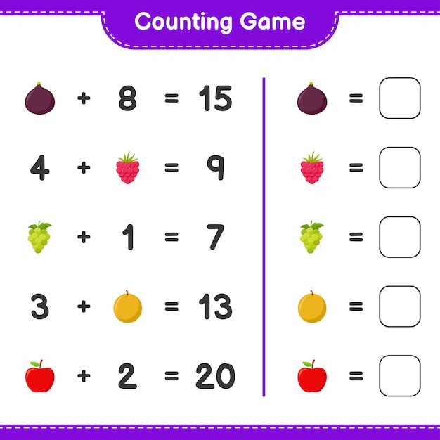 Juego de conteo, cuenta el número de frutas y escribe el resultado. Juego educativo para niños, hoja de trabajo imprimible