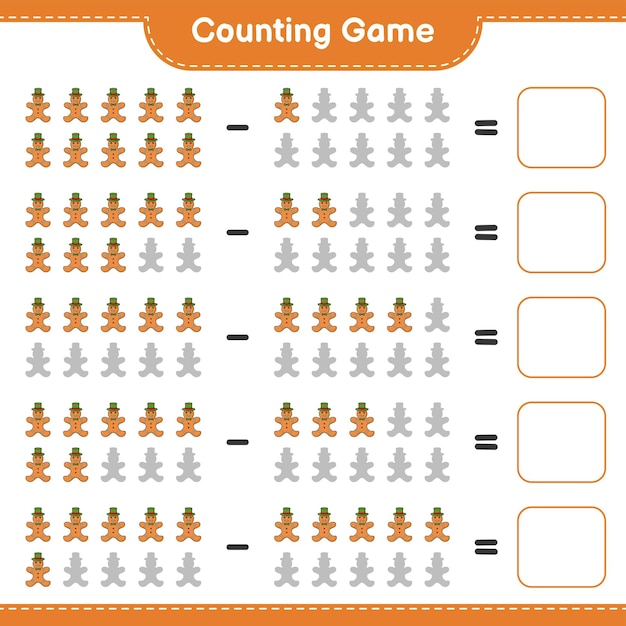 Juego de conteo, cuenta el número de Gingerbread Man y escribe el resultado. Juego educativo para niños, hoja de trabajo imprimible, ilustración vectorial