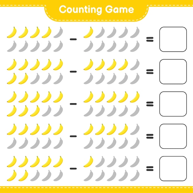 Juego de conteo, cuenta el número de plátanos y escribe el resultado. Juego educativo para niños, hoja de trabajo imprimible