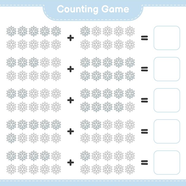 Juego de conteo, cuenta el número de snowflake y escribe el resultado. juego educativo para niños, hoja de trabajo imprimible, ilustración vectorial