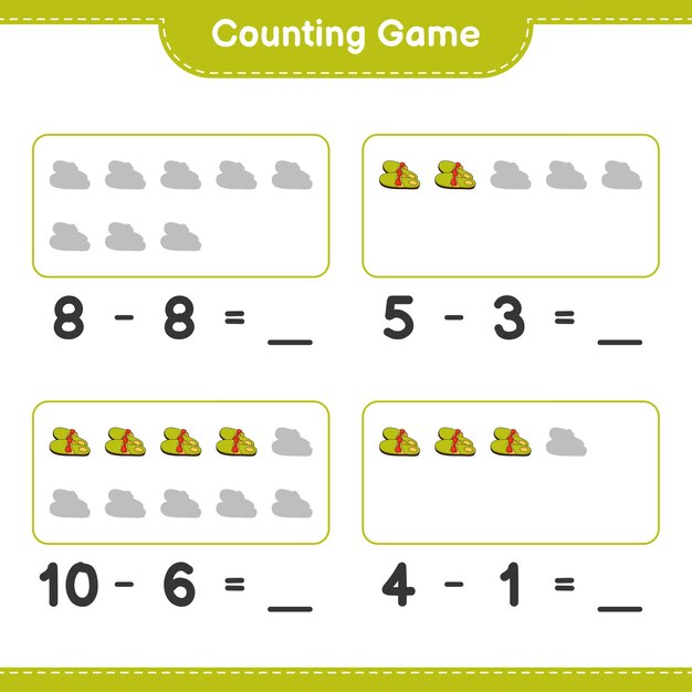 Juego de conteo, cuente el número de Pantuflas y escriba el resultado. Juego educativo para niños, hoja de trabajo imprimible
