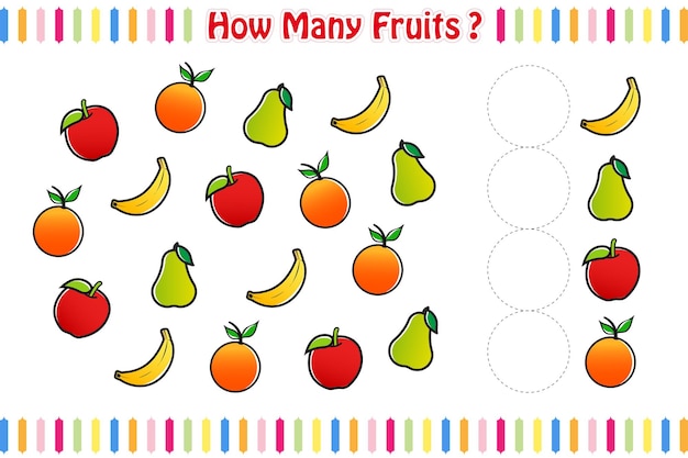 Juego de conteo con lindas mascotas de frutas, hoja de cálculo de matemáticas del juego de frutas, ilustración vectorial aislada