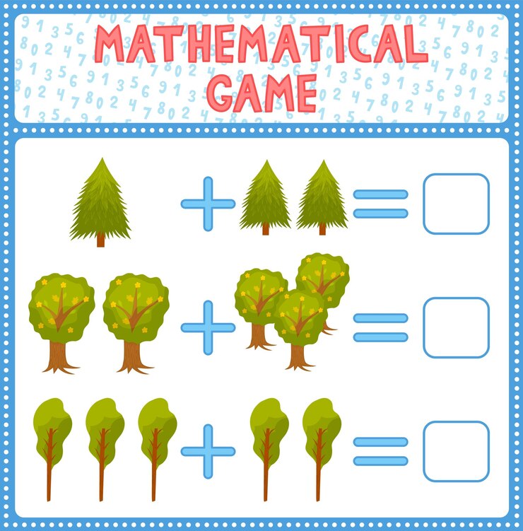 Vector juego de conteo matemático para niños ¿puedes resolver este entretenimiento de acertijos divertidos para niños? encuentra la respuesta correcta página de actividad vectorial de matemáticas y juego tarea de combinación con árboles