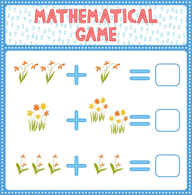 Juego de conteo matemático para niños ¿puedes resolver este entretenimiento de acertijos divertidos para niños? encuentra la respuesta correcta página de actividad vectorial de matemáticas y juego tarea de combinación con flores