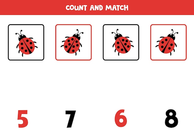 Vector juego de conteo para niños contar todas las mariquitas y coincidir con los números hoja de trabajo para niños