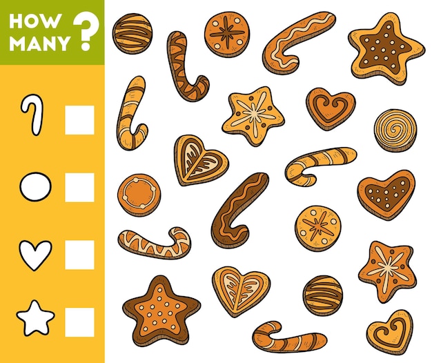 Juego de conteo para niños en edad preescolar Cuente cuántas galletas y escriba el resultado