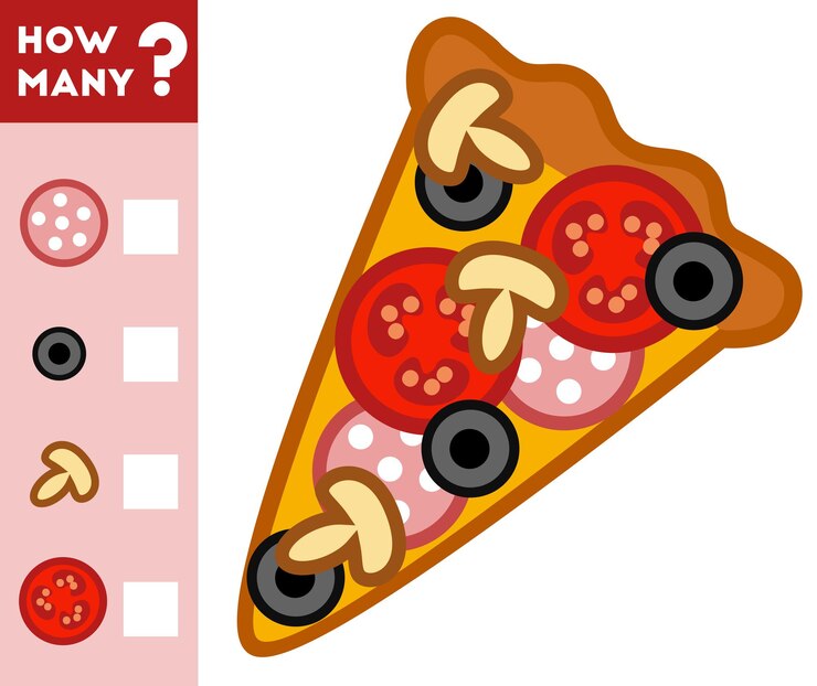 Vector juego de conteo para niños en edad preescolar. educativo un juego matemático. ¡cuenta cuántos elementos de pizza y escribe el resultado!