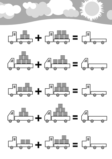 Juego de conteo para niños en edad preescolar Juego educativo matemático Adición de hojas de trabajo camiones