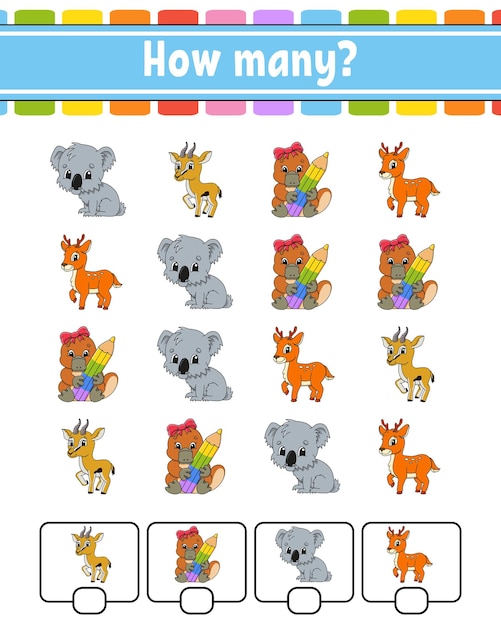 Juego de conteo para niños Personajes felices Aprendiendo matemáticas Cuántos objetos en la imagen Hoja de trabajo educativa Con espacio para respuestas Ilustración vectorial
