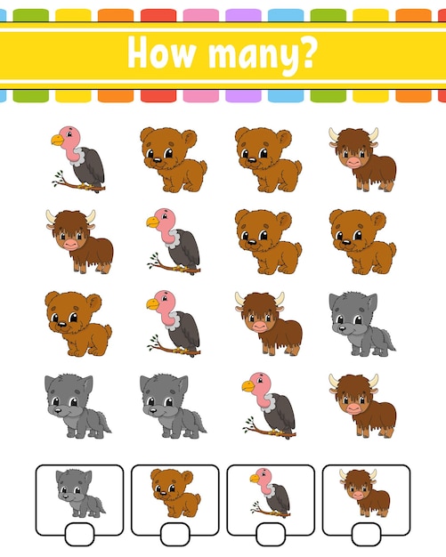 Juego de conteo para niños Personajes felices Aprendiendo matemáticas Cuántos objetos en la imagen Hoja de trabajo educativa Con espacio para respuestas Ilustración vectorial